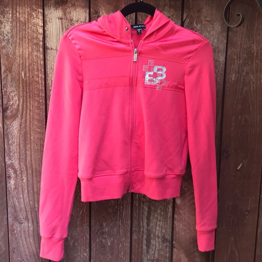 BEBE SPORT HOT PINK ZIP HOODIE W RHINESTONES